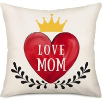 Love Mom Pillow Covers 18x18 Inch Mother‘s Day Red Love Heart Leaf Queen Crown Throw Pillow Cases Sofa Couch Home Decor Cushion Cover Cotton Linen