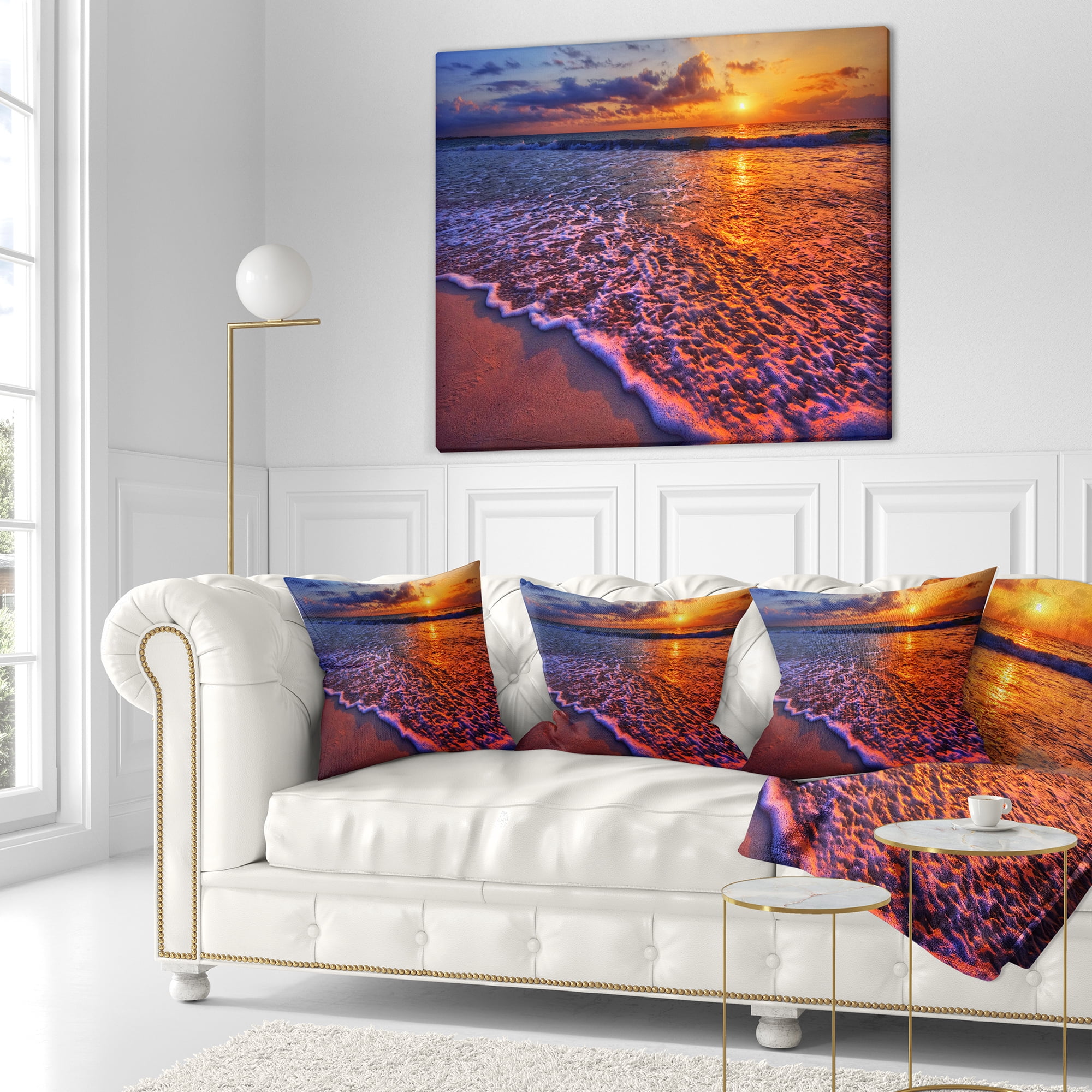 Designart Colorful Sunset and Wavy Waters - Seashore Throw Pillow - 16x16
