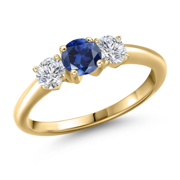 Gem Stone King 10K Yellow Gold Blue Created Sapphire and Lab Grown Diamond Engagement Ring for Women | 1.14 Cttw | Round 5MM | Gemstone September Birthstone | Size 5