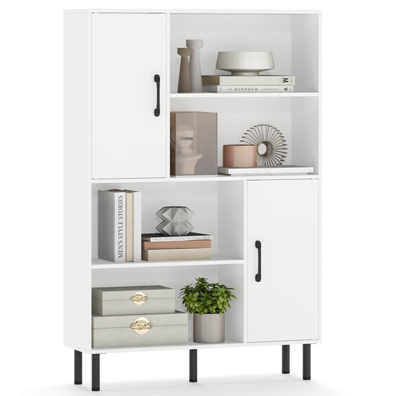 Costway 47” Storage Cabinet with 2 Doors & 4 Open Shelves, 5 Metal Support Legs for Kitchen White