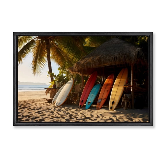 Stupell Industries Tropical Surfboards At Beach Hut Black Floating Frame Canvas Art, 25 x 17, by Creative Studio