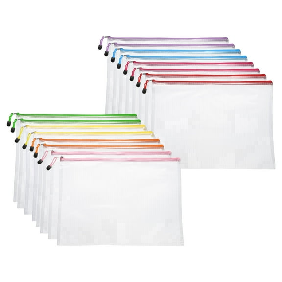 Uxcell 16pcs Mesh Zipper Pouch Bags A4 13" x 9" Plastic Waterproof Mesh File Bag Clear Document Zipper Pouches for Classroom Home Travel Office Supplies Organization, 8 Colors