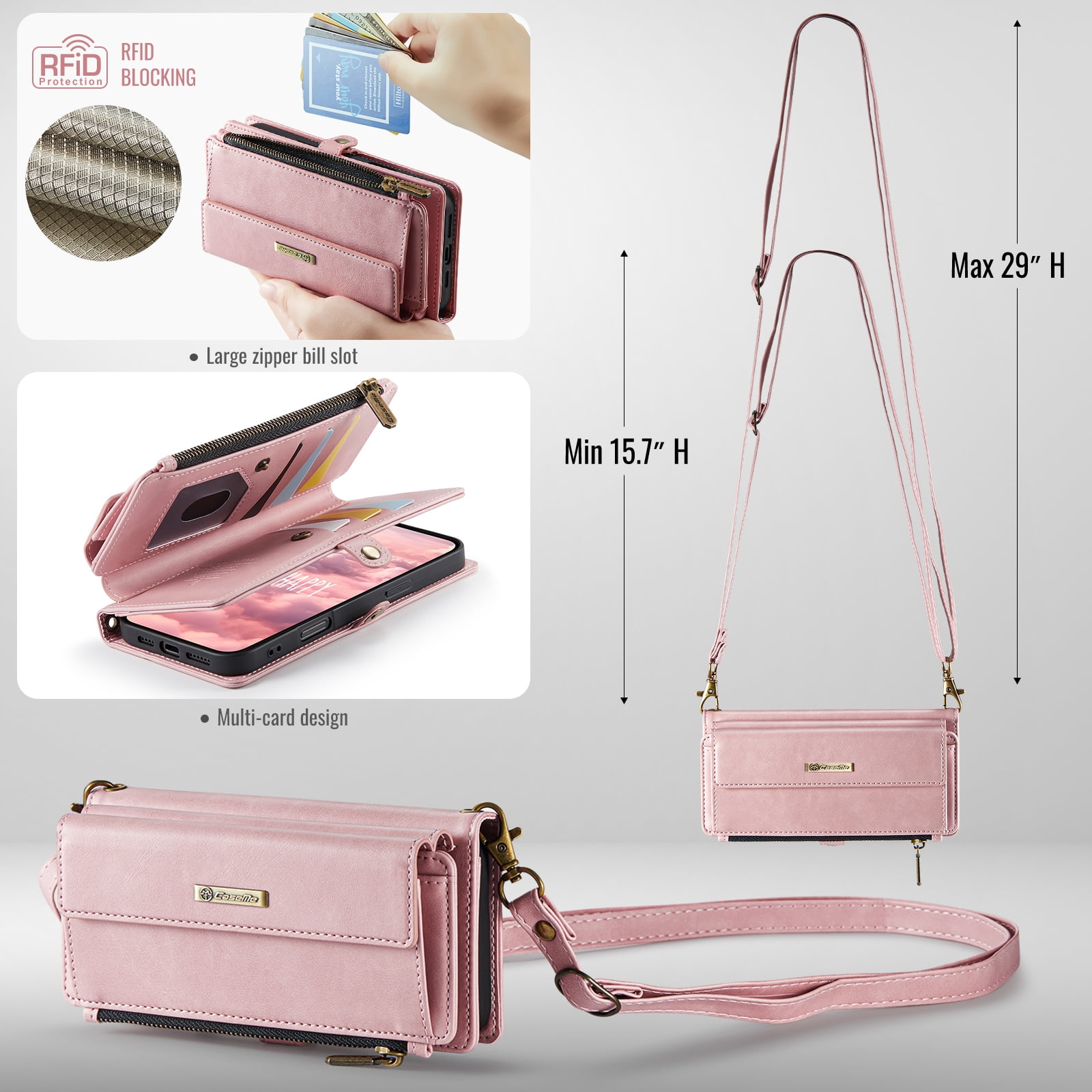 Compatible with iPhone 17 Pro Max Wallet Case, Women Men RFID Blocking PU Leather Flip Cover Zipper Pocket Card Slots Phone Case for iPhone 17 Pro Max, Wrist Strap & Crossbody Strap, Pink