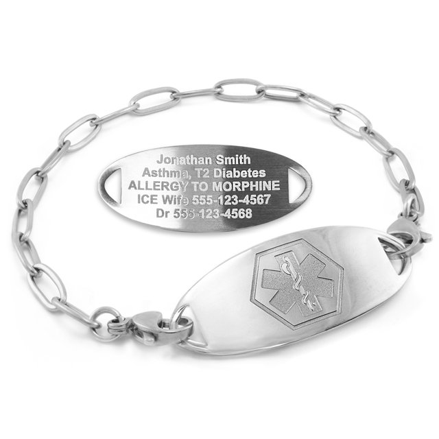 MedicEngraved Bracelet d'Alerte Médicale Personnalisé en Acier Inoxydable - Maillon Trombone 4 mm