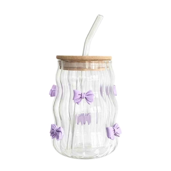Glass&Bottle Cup - Cute Big Belly Glass Cup with Lid and Straw Bow Pattern High Temperature Milk Tea Cup for Household Use, Cute Cups Glass Sippy Cup