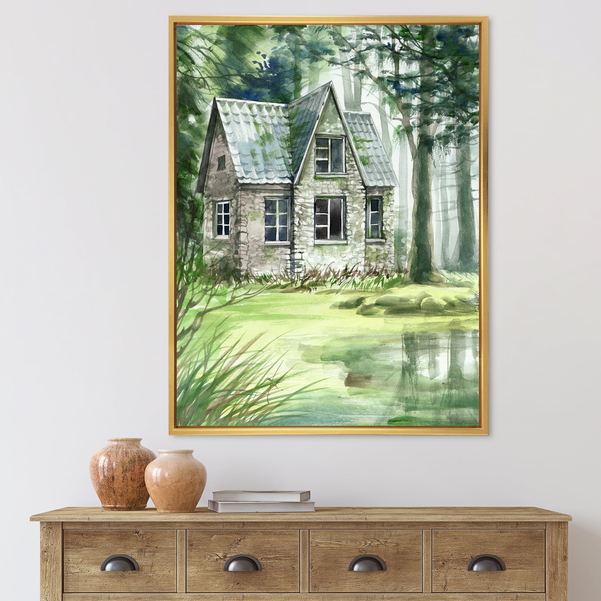 Old Haunted House In The Pine Forest 12 in x 20 in Framed Painting Canvas Art Print, by Designart