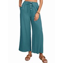 Womens Cotton Linen Pants Summer Casual Beach Pants Drawstring Flowy Wide Leg with Pockets Blue & Green XXL