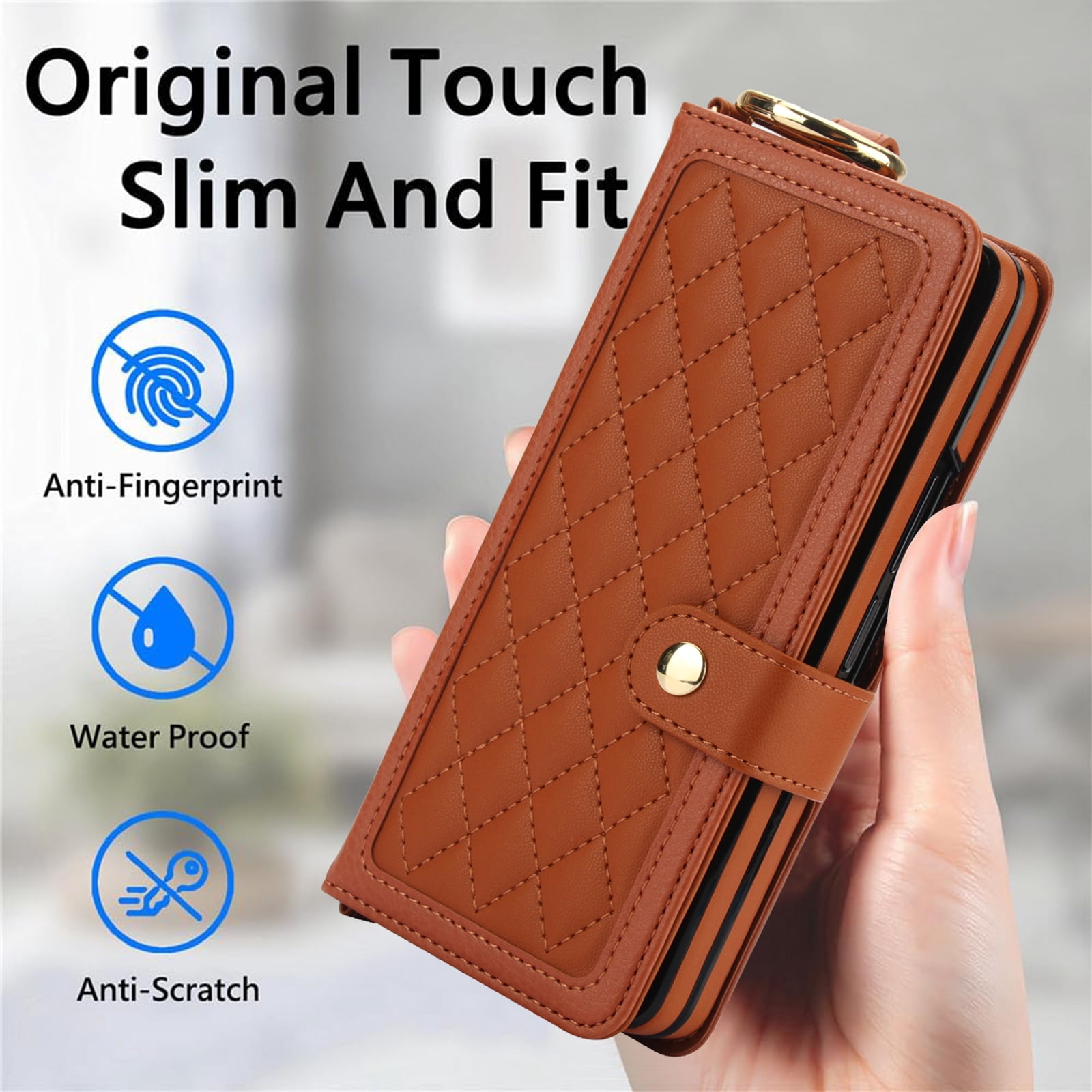 for Samsung Galaxy Z Fold 4 Crossbody Wallet Case, RFID Blocking Card Slots, Ring Buckle Luxury PU Leather Flip Phone Case with Pen Slot Lanyard Strap Wristband Kickstand Cover, Brown