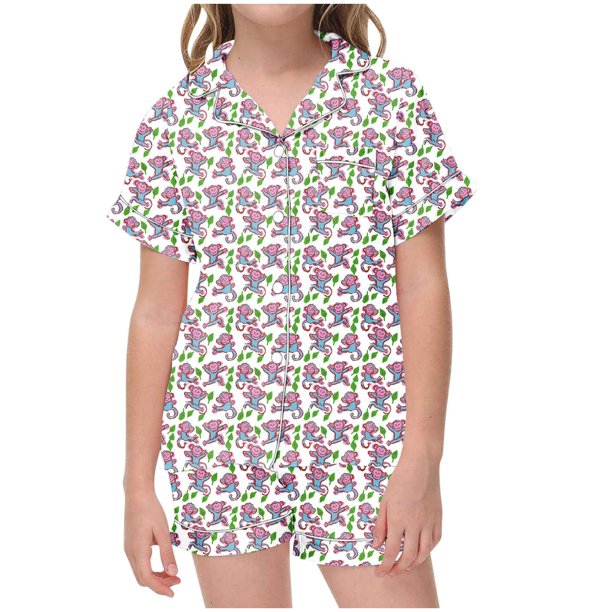 Odeerbi 2-12 Años Niños Niñas Pijama de Verano de Satén Con Solapa de Muesca Camisas de Manga Corta Pantalones Cortos Conjunto Suave Estampado Floral Ropa de Dormir