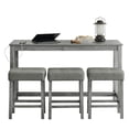 thumbnail image 2 of GZXS 4-Piece Farmhouse Bar Table Set for 3, Solid Wood Frame with MDF Top, Linen Upholstered Stools, 59"W Space-Saving Counter Height Dining Set with Power Outlets, Gray, 2 of 10