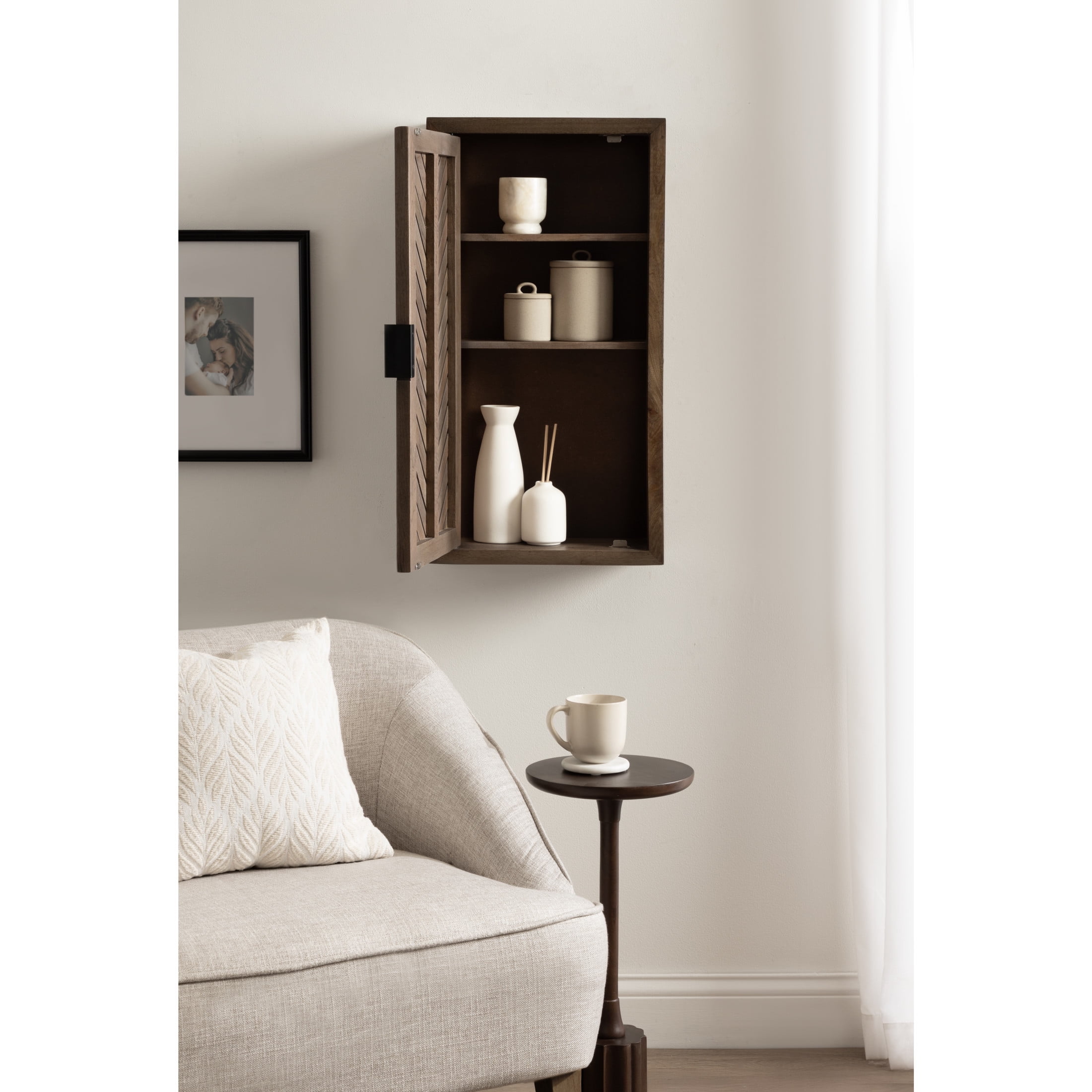 Kate and Laurel Mezzeta Decorative Modern One-Door Floating Bathroom Cabinet, 15 x 7 x 28, Brown, Decorative Over Toilet Storage Cabinet Made from Solid Mango Wood with Slatted Chevron Design