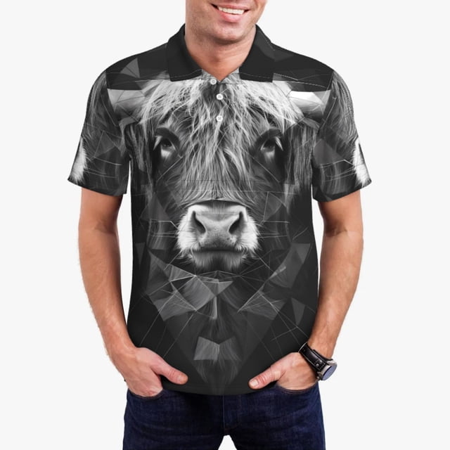 Bingfone Geometric Bull Design for Men's Button-down POLO Shirts, Quick-drying Shirts and T-shirts for Summer, Suitable for Vacation and Business-3X-Large