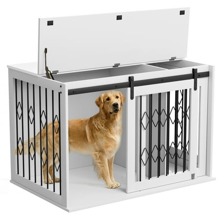 Arlopu 39.4'' Dog Crate Furniture W/ Sliding Barn Door, Wooden Dog Kennel Indoor with Flip-top & Divider, White End Table Dog Cage with Double Doors for Small / Medium Pets up to 60 lbs