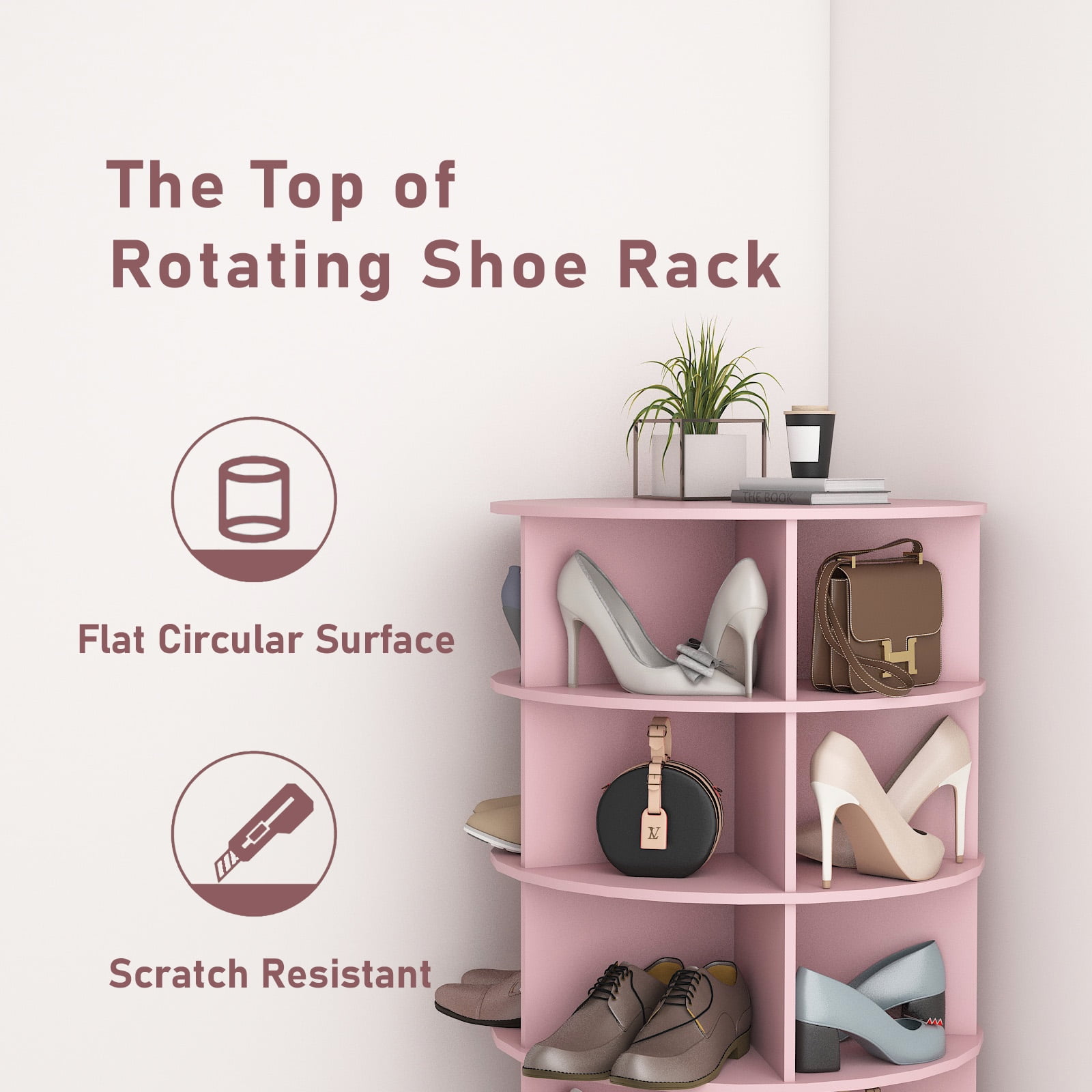 Miniyam 360° Rotating Shoe Rack, 7-Tiers Shoe Rack Organizer for Entryway, Pink