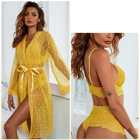 SELONE Lingerie for Women Plus Size Pajamas Sheer Mesh Robe Gauze 4 Piece Nightgown Perspective Nightgown 4-piece Long Bra Underpants Suit for Valentines Day Anniversary Wedding Honeymoon Yellow L