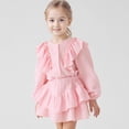 thumbnail image 2 of LIIPEE Girls Outfit Sets Casual Solid Color Ruffle Trim Puff Long Sleeve Crew Neck Button Down Shirt Pleated Skirt 2 Piece Set Children Kids Comfortable Breathable Cute Clothing,Pink,3-4 Years, 2 of 9