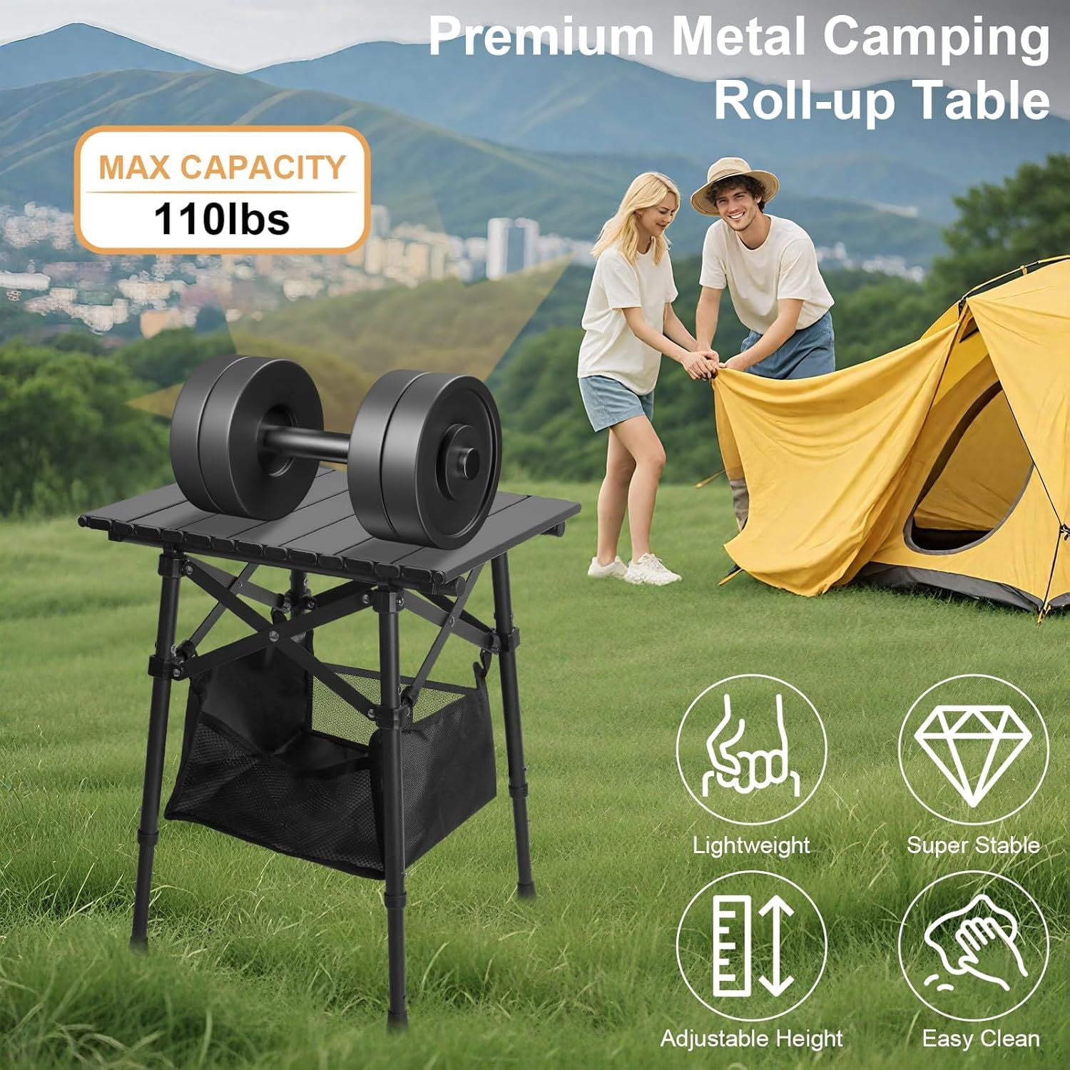 Folding Camping Table, Small Outdoor Table with Storage Bag, Adjustable Height 14.2" & 18.9", Portable Lightweight Aluminum Foldable Side Table for Picnic, BBQ, Beach & Tailgating