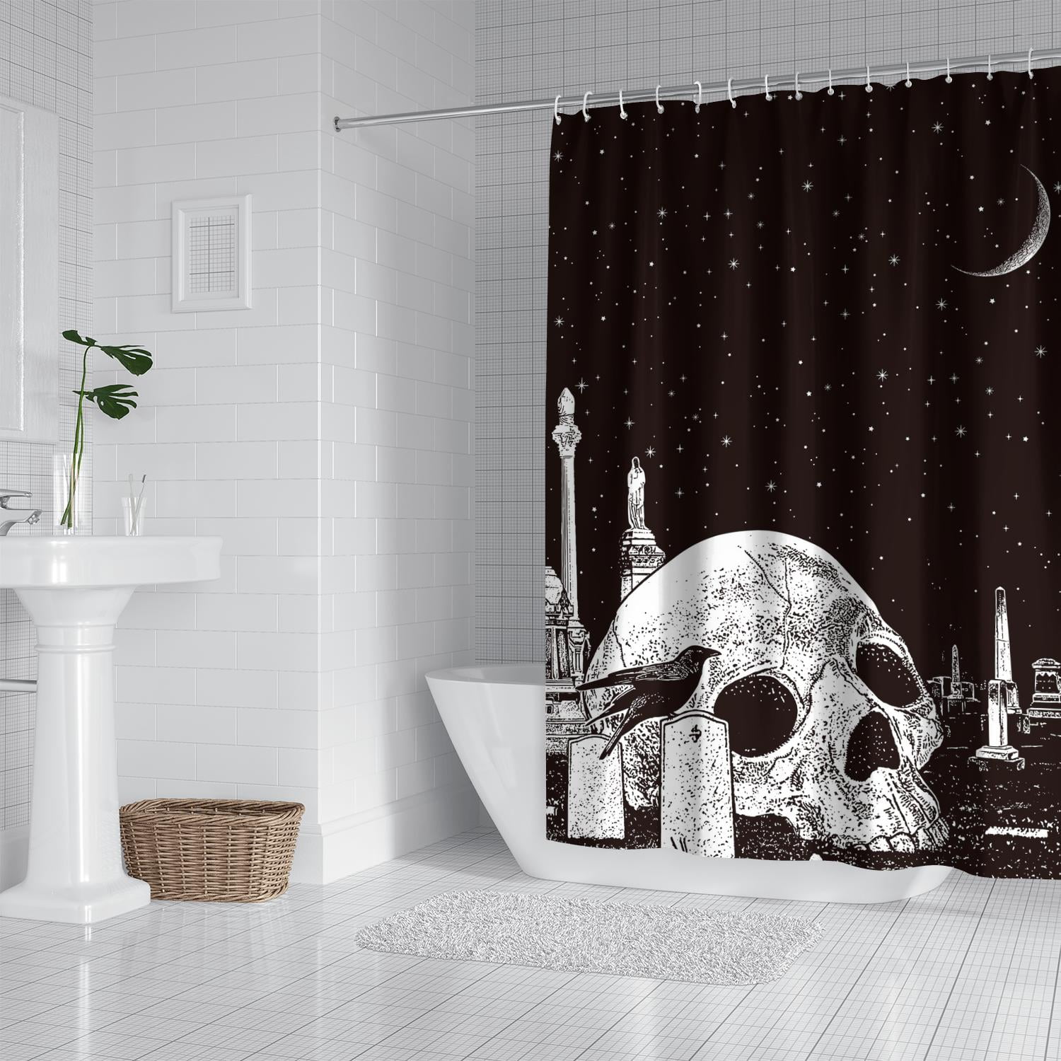 Halloween Shower Curtain 72x72inch Gothic Black White Sugar Skull Skeleton Shower Curtain Spooky Bathroom Set Moon Crow Bathtub Accessoriess Decor, Sets with 12 Hooks