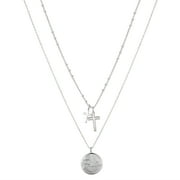 Women's 14Kt Gold Flash Plated Genuine Mother of Pearl "Faith" Cross Layered Pendant Necklace