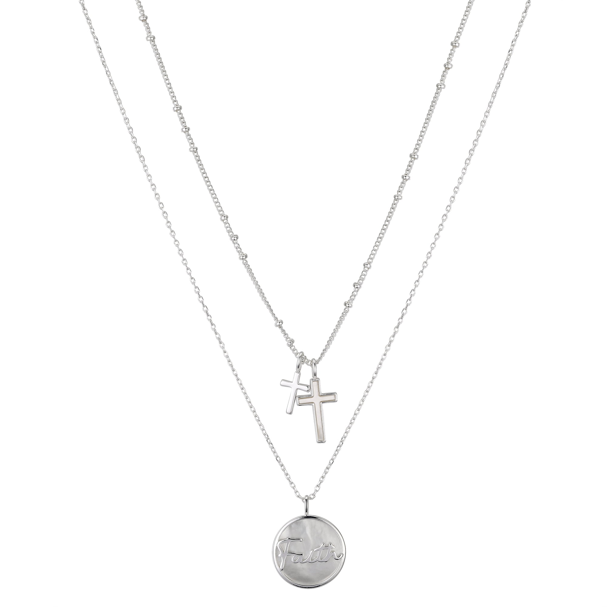 Believe by Brilliance Women's 14Kt Gold Flash Plated Genuine Mother of Pearl "Faith" Cross Layered Pendant Necklace, 16+2" & 18+2" Exteneder