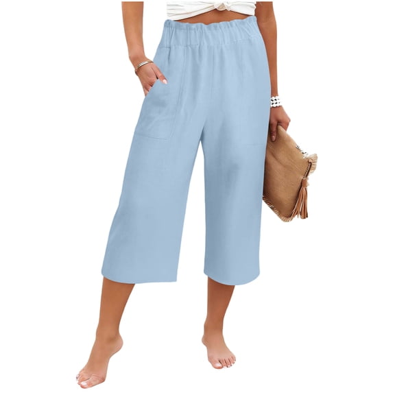 Womens Wide Leg Capri Pants Summer Ruffle Hem High Waist Linen Capris Casual Going Out Lounge Trousers Light Blue, 2XL
