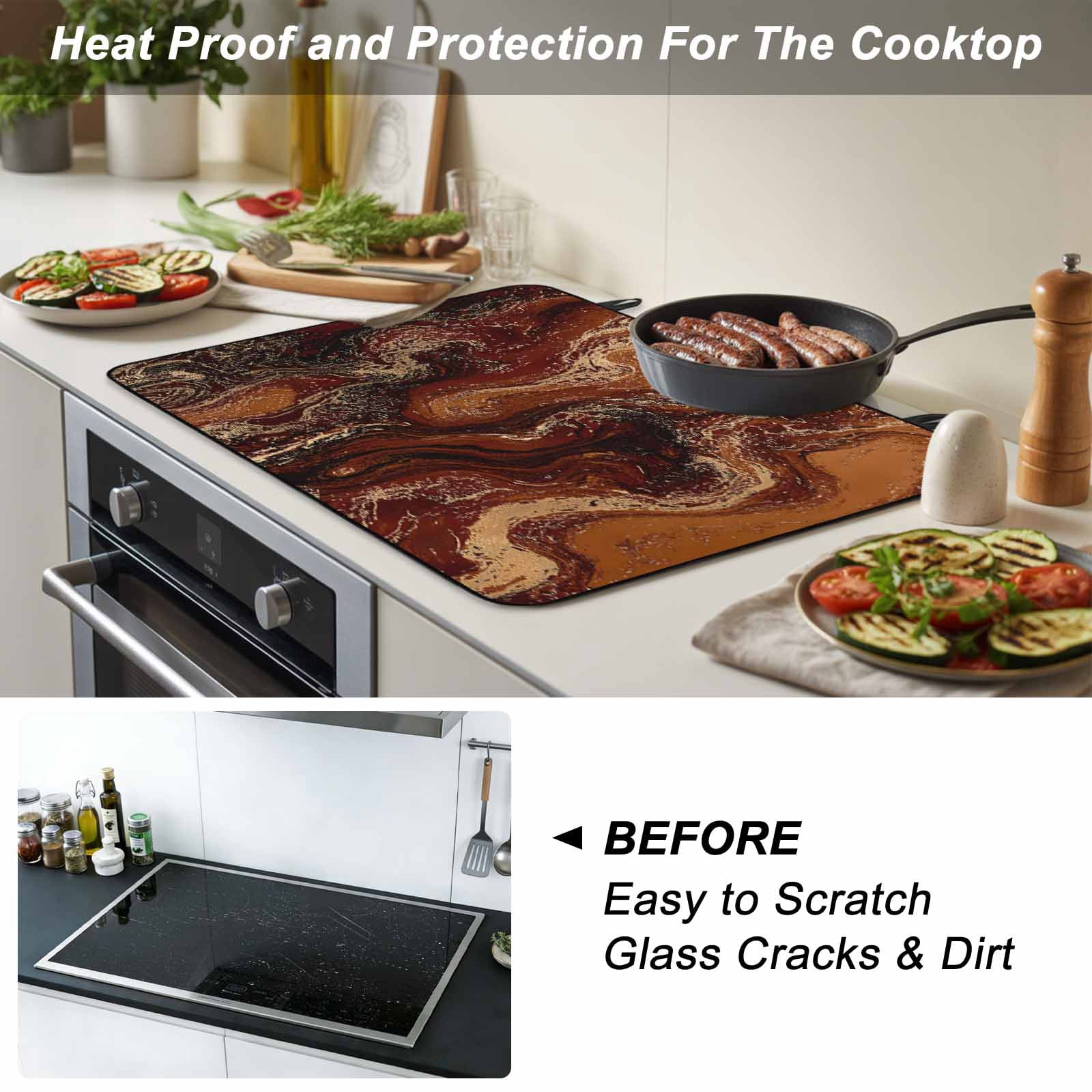 Brown Marble Stove Top Cover for Electric Stove, Heat-proof & Non Slip Glass Top Stove Cover Protector, Ombre Abstract Striped Mottled Aesthetic Kitchen Flat Cooktop Rubber Mat 28.5x20.5 Inches