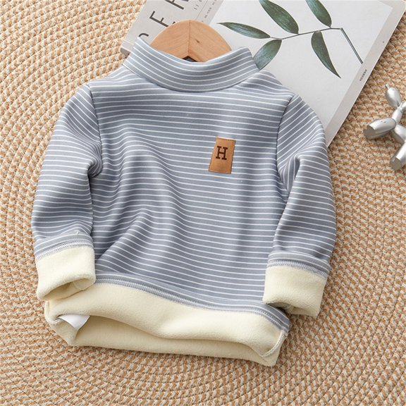 Toddler Kids Baby Boys Girls Thick Lined Striped Shirts High Collar Soft Tops T Shirt Unisex Pullover Winter Warm Sweatshirt Size 4-5 Years