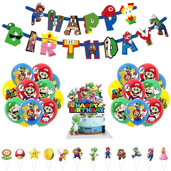 Cartoon Animal Mario birthday decorations, party supplies set, includingPull the flag, balloons, cake forks, and Flat ribbon