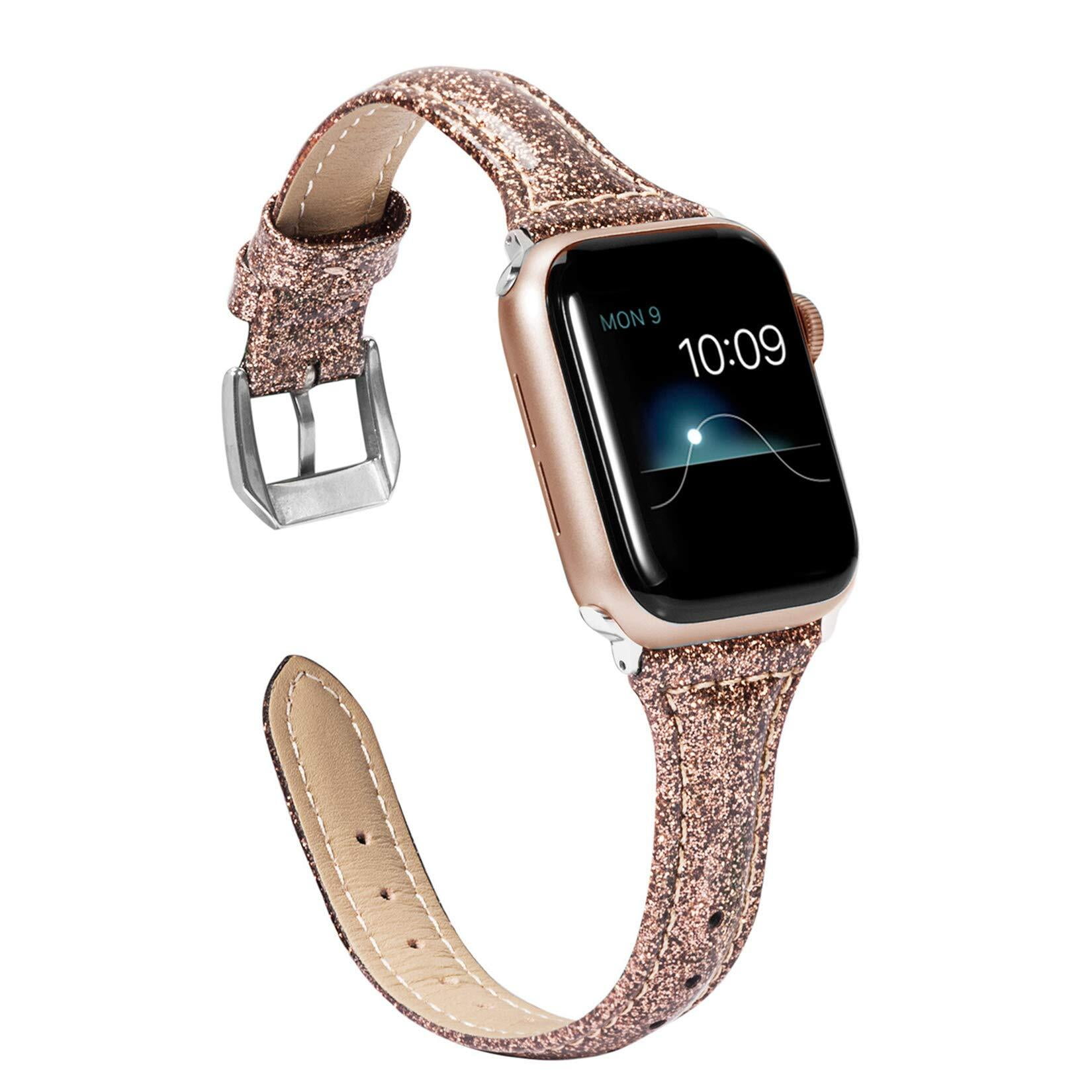 Wearlizer Rose Gold Leather Apple Watch Bands 38mm 40mm 41mm for iWatch SE Womens Shiny Slim Smooth Wristband Bling Glitter Strap Gold Clasp for Series 7 6 5 4 3 2 1 Sport Walmart