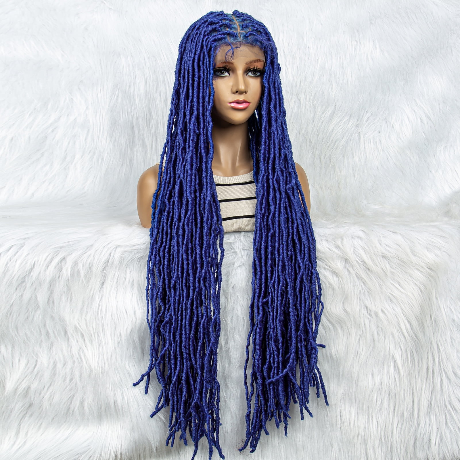 Colorful Locs Wigs 36 Inches Full Double Lace Square Knotless Dreadlock Braiding Wig with Baby Hair for Black Women Synthetic Lace Frontal Long Cornrow Box Braided Wigs Blue Color