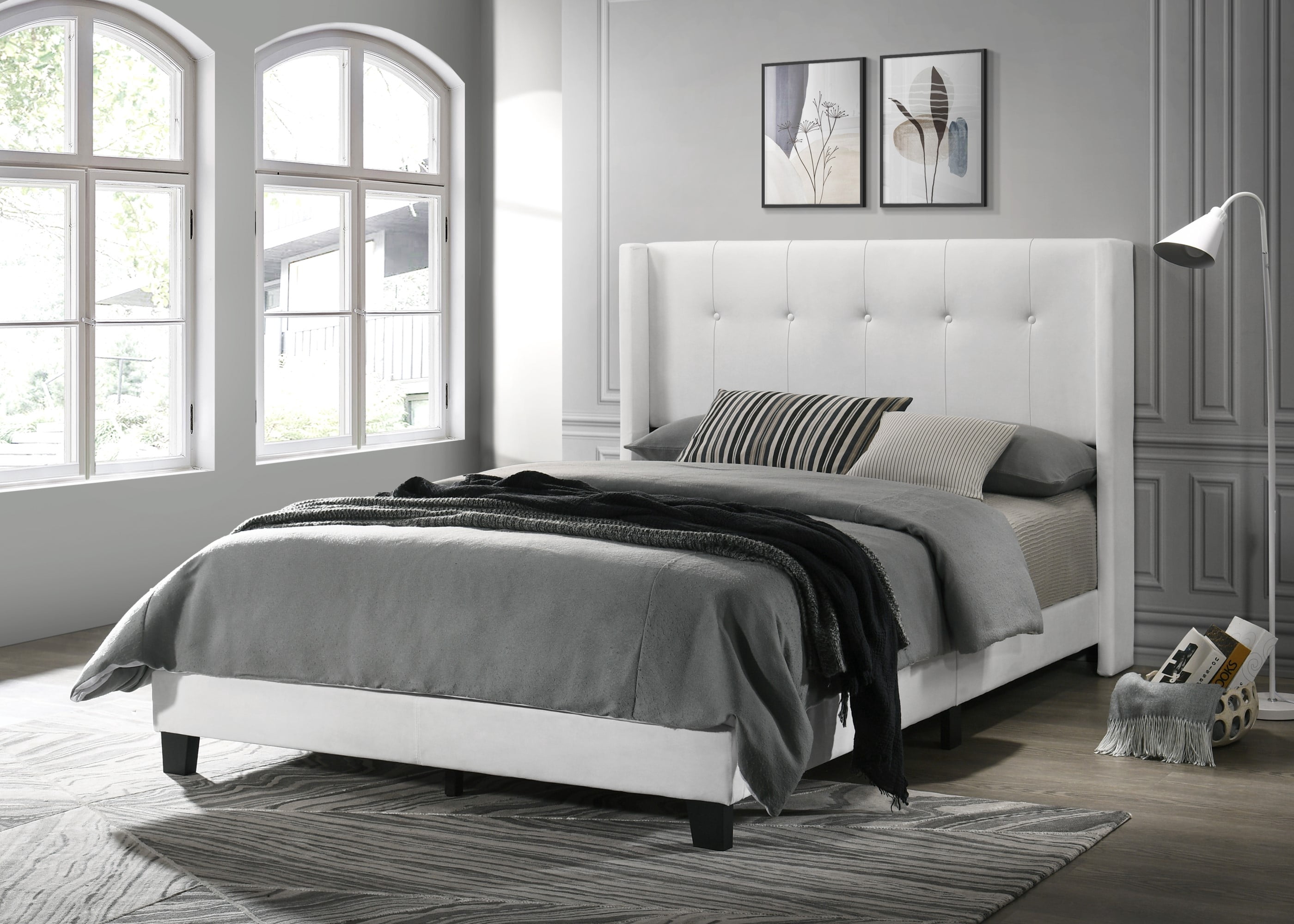 Home Design Evelyn Queen Upholstered Panel Bed Frame with Button Tufting and Wingback Design, White, Easy Assembly