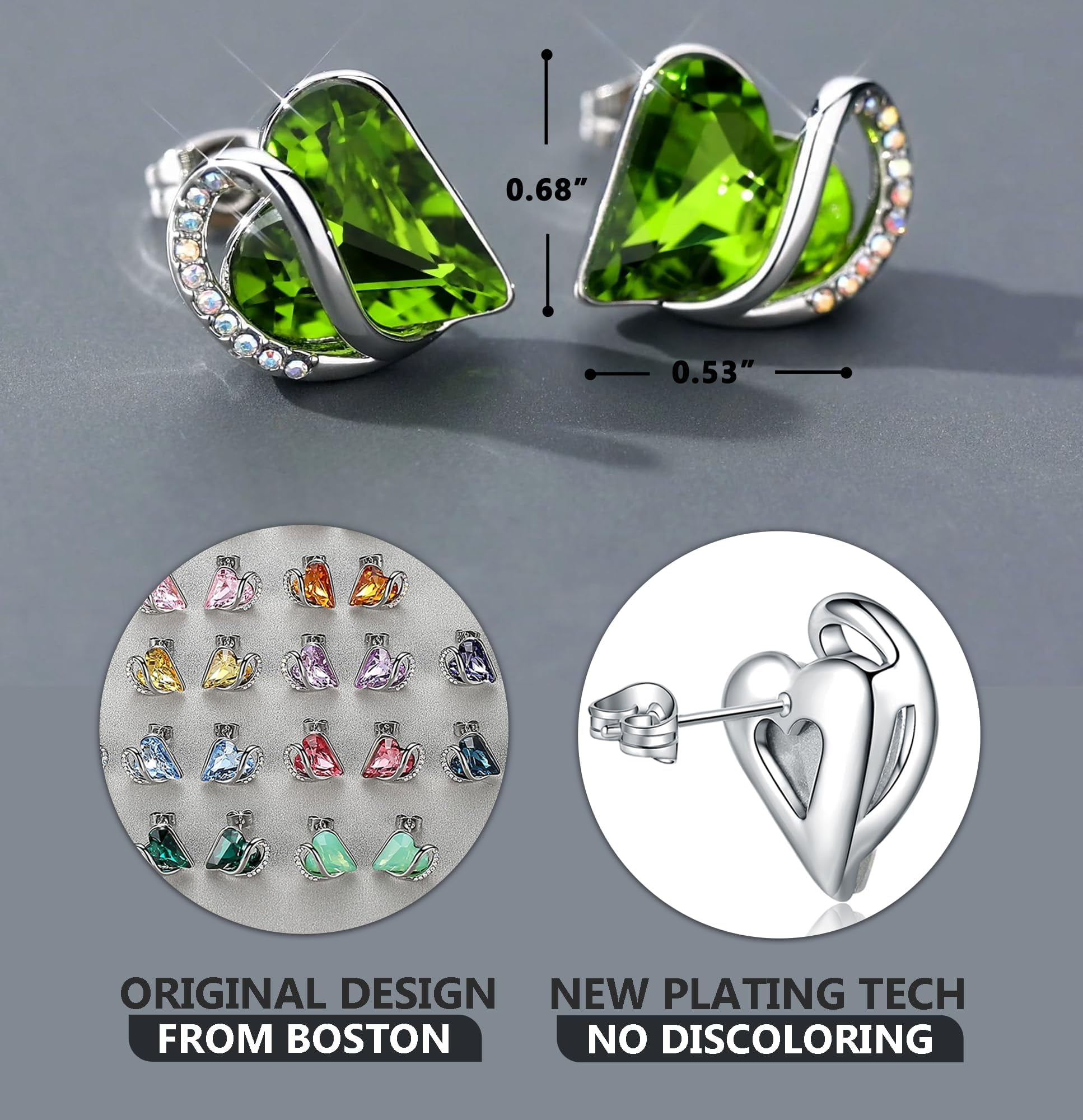 Leafael Infinity Love Heart Stud Earrings for Women, Silver Tone Fashion Statement Jewelry, Birthday Gifts for Daughter Girlfriend Mom Wife Her, August Birthstone Crystal, Peridot Green
