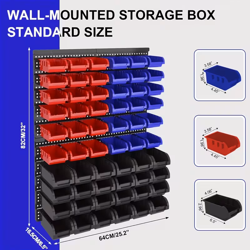 Wall-Mounted Storage Rack System with Bins and Brackets - 60 Pcs Heavy Duty Garage & Workshop Tool Organizer, Stackable for Screws, Nuts, Bolts, Nails, Beads & Small Hardware, Easy Installation
