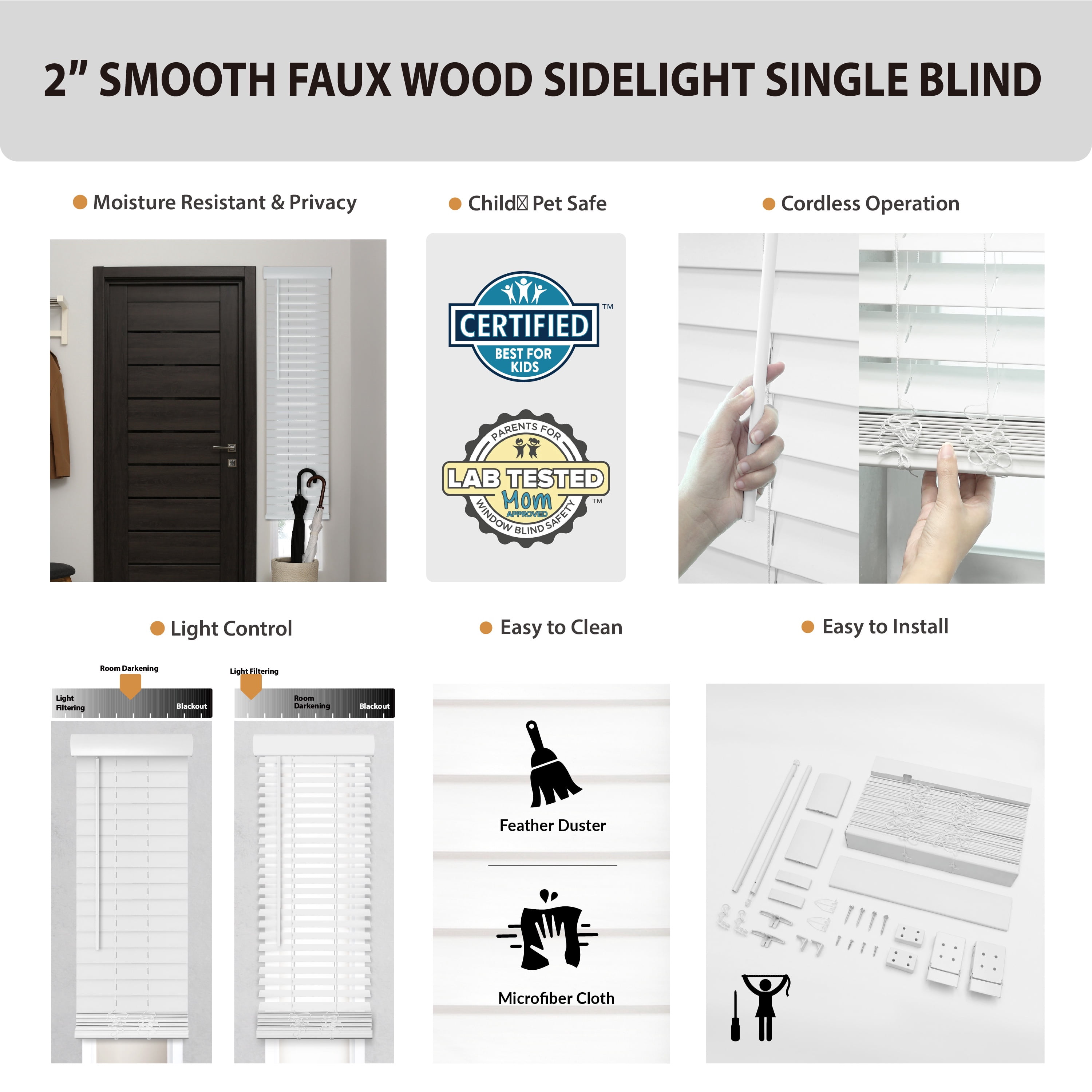 Regal Living Smooth White Cordless 2" Faux Wood Room Darkening Window Sidelight Blind - 10.25 in. x 72 in.