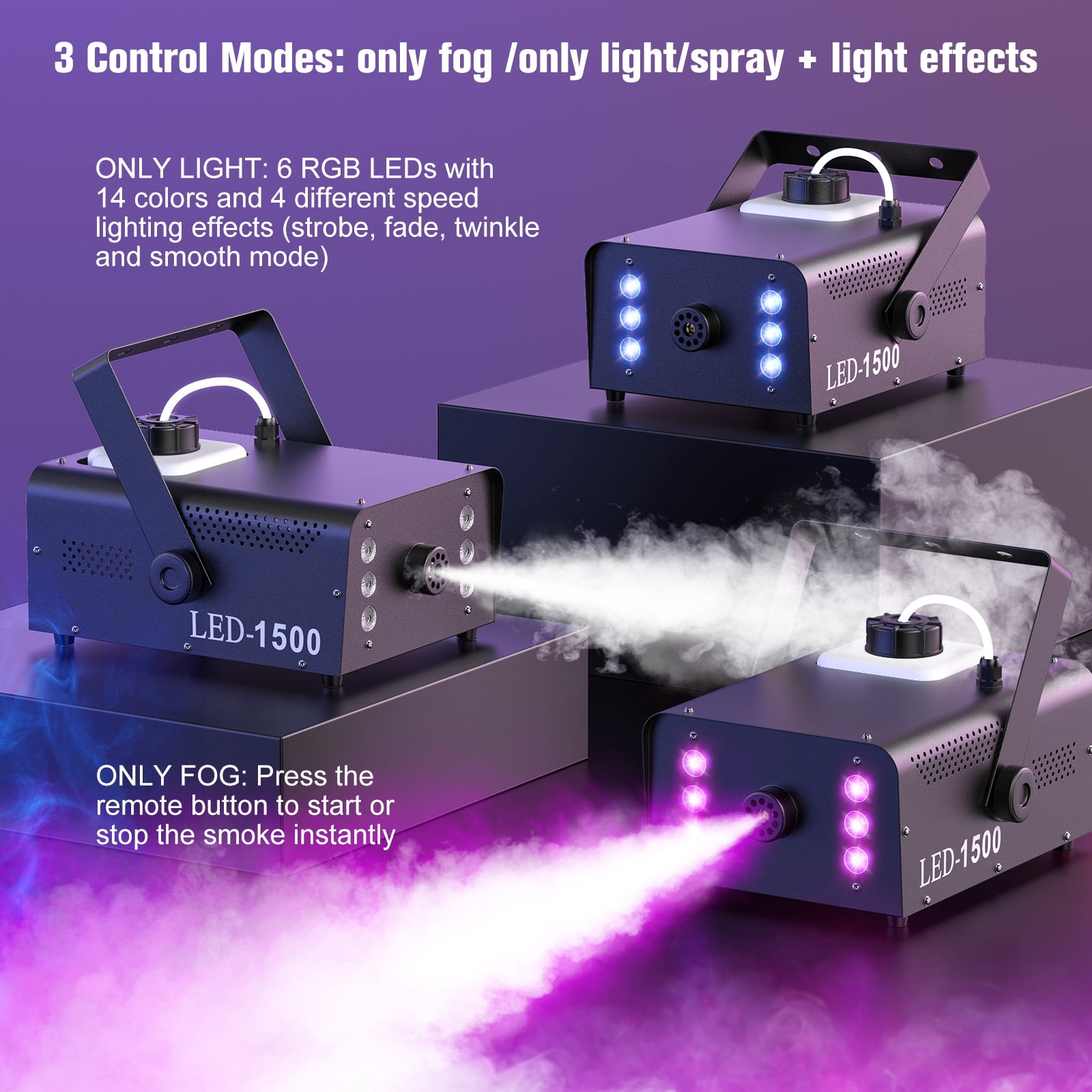 1500W RGB LED Fog Machine - Remote Control Smoke Machine for DJ Stages, Nightclubs, Parties, Concerts & Bars