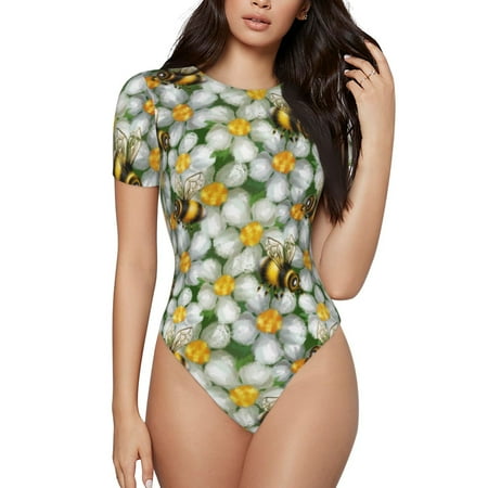 Gaeub Bees and Flower Print Women s Short Sleeve One Piece Swimsuit Sexy High-Waisted Bodysuit Bathing Suit for Swimming  Beach  Sports-Small