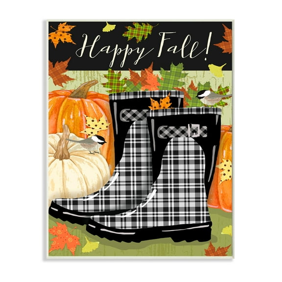 Stupell Industries Happy Fall Phrase Black Rainboots and Pumpkins Landscape Painting Wall Plaque Art Print Wall Art, 13 x 19