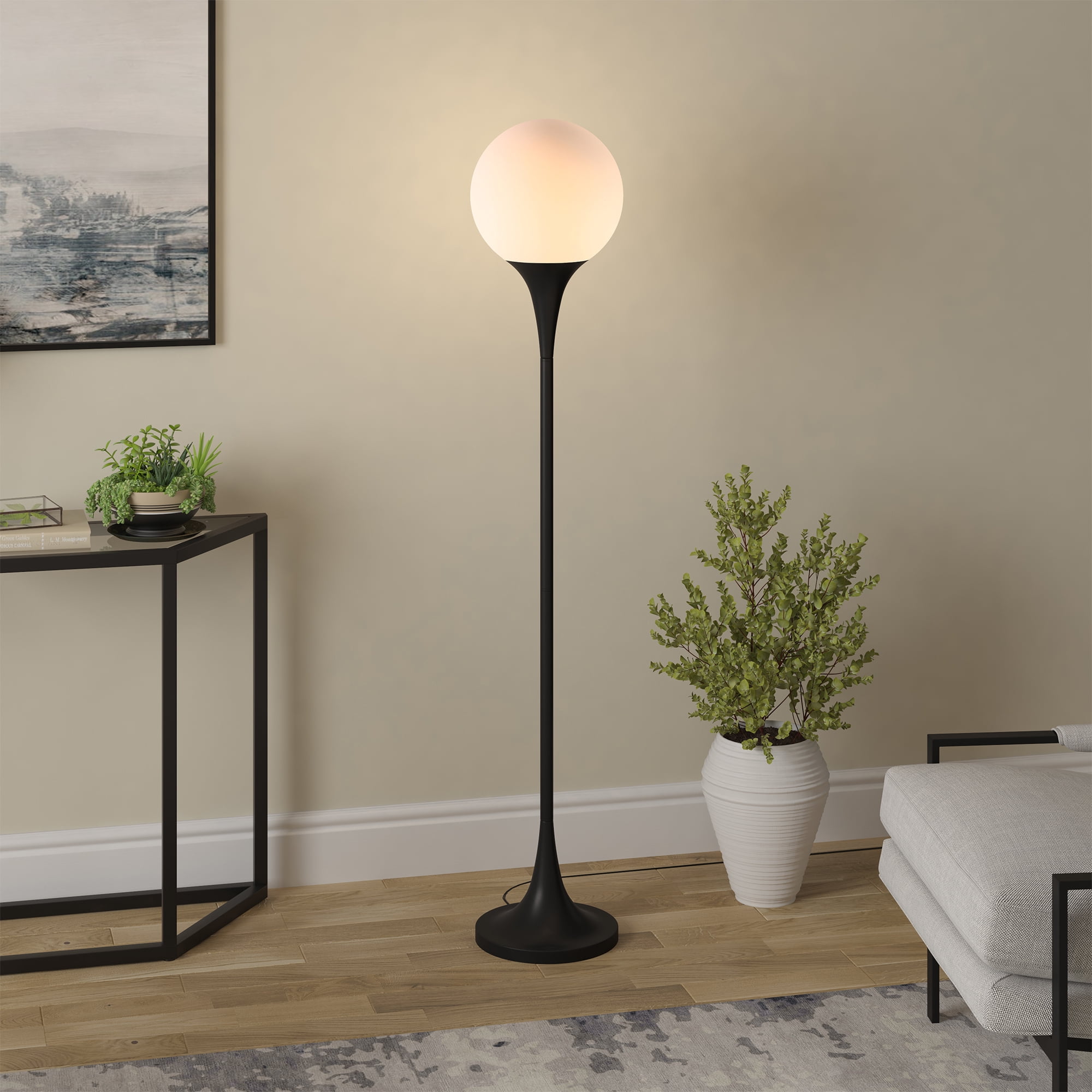Mahdi Torchiere Floor Lamp with Glass Shade in Blackened Bronze/White Milk