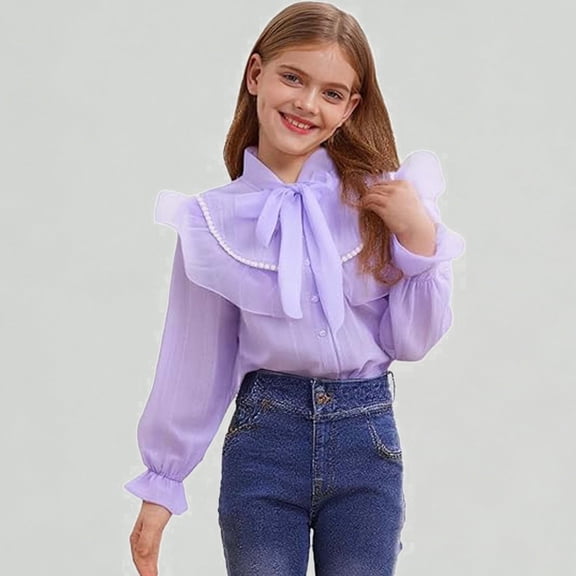 Xijirk Girls Shirts Elegant Long Sleeve Party Blouse Ruffled Button Down Shirt for School and Occasions,13-14 Years