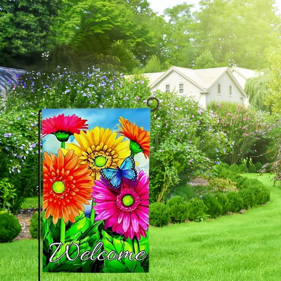 Qinduosi Welcome Butterfly Flowers Sunflower Daisy House Flag Garden Banner Double Sided, Summer Flowers Spring Butterfly Garden Flags for Anniversary Yard Outdoor Decoration 12x18in