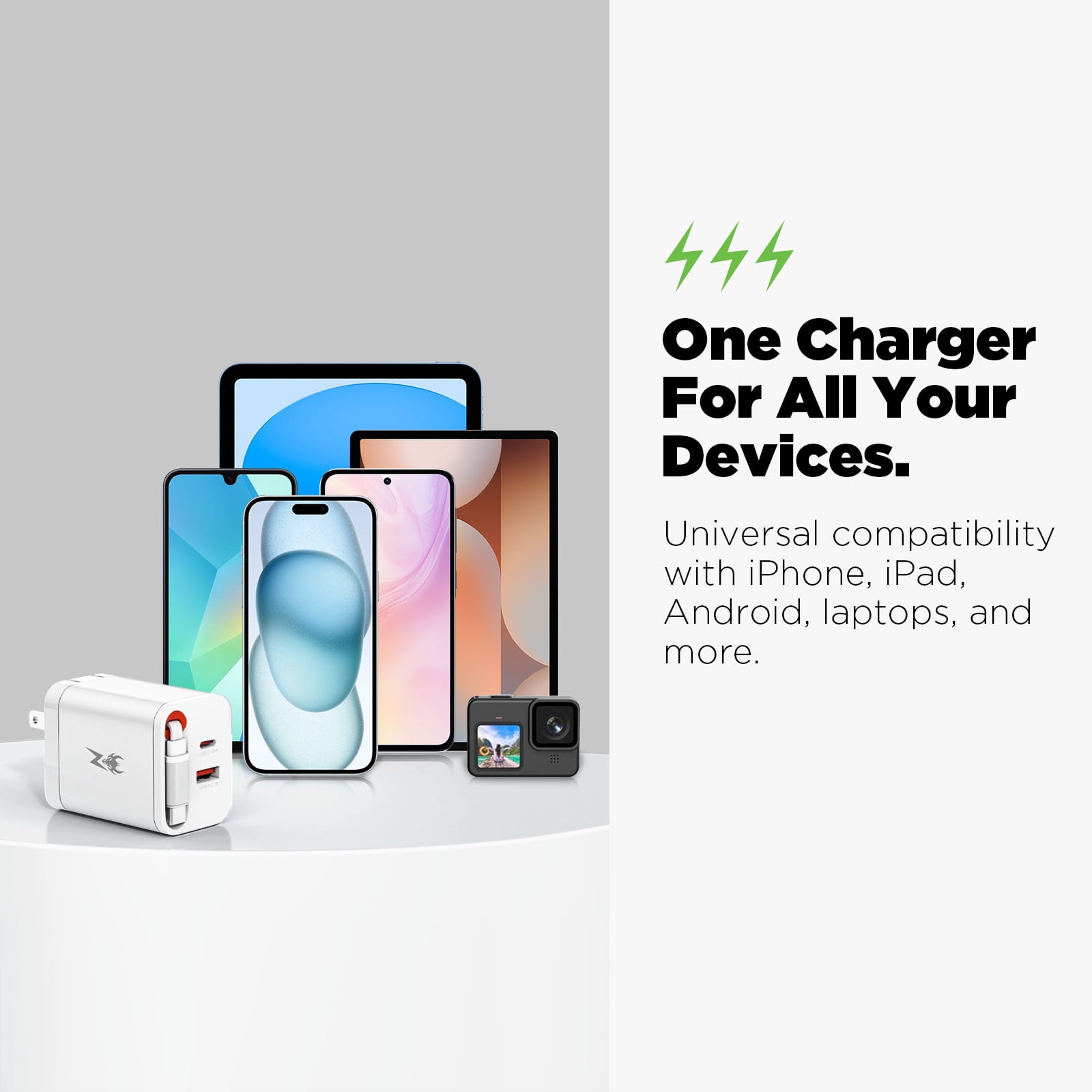 MyBat Pro  PowerSurge 40W+ Dual-Port GaN Charger with Retractable USB-C Cable - White