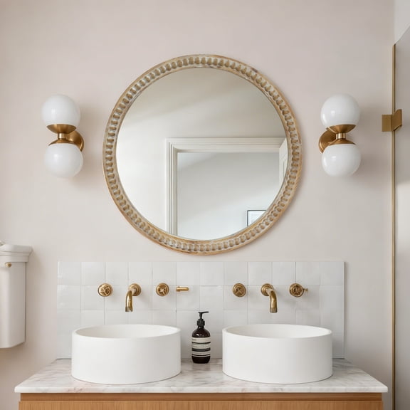 Farmhouse Round Wall Mirror with Beaded Frame, 35.43" Wall Mount Modern & Rustic Style Mirror for Bedroom, Bathroom, Living Room, Entryway