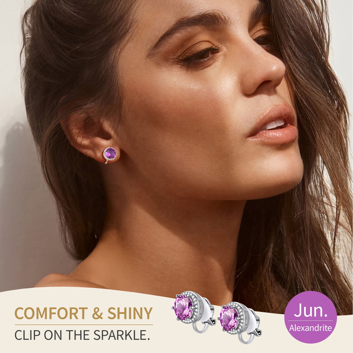 FindChic Pure 925 Sterling Silver Clip On Earrings for Women, Round 8MM Cubic Zirconia Non Pierced Studs Synthetic Alexandrite Birthstone Earrings Jewelry Gifts for Her, Birthday/Christmas