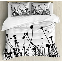Ambesonne Black and White Duvet Cover Set, Meadow Flowers, King, Black and White