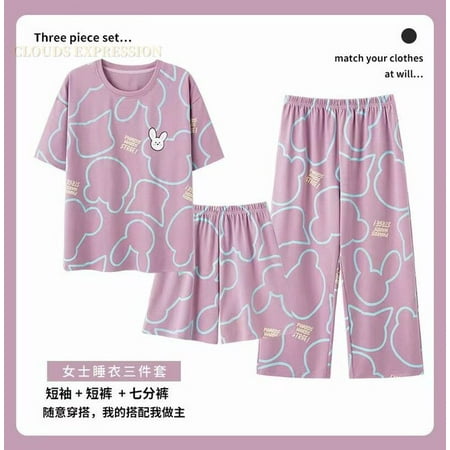 

QWZNDZGR Summer New Capris 3 Piece Sets Elegant Women Sleepwear Short Sleepwear Floral Female Pajama Sets Pyjamas Loose Home Pijama Mujer