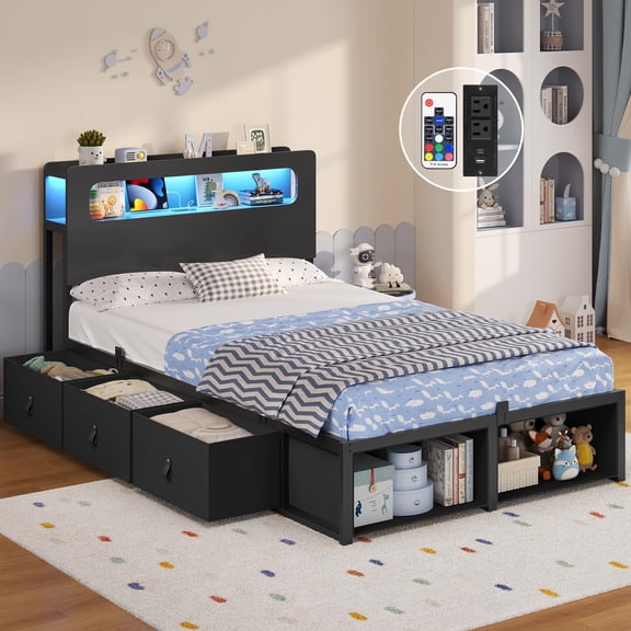 Twin Size Platform Bed Frame with 2-Tier Headboard, 6 Storage Drawers,2 Footboard Cubbies,LED Lights Metal Storage Bedframe with Charging Station,No Box Spring Neded, NO NOISE,Space-SavingBlack