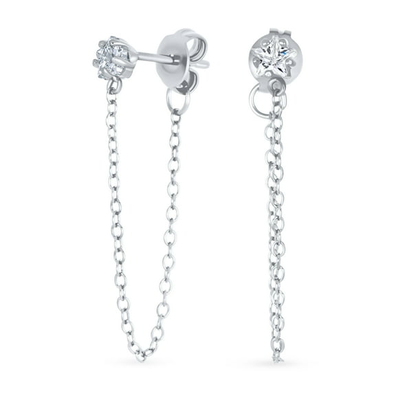 Bling Jewelry Womens Minimalist 4MM Star CZ Stud Earrings with Delicate Chain in 14K Gold or Silver