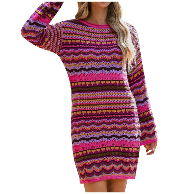 ZMHEGW Dress For Womens Sweater Rainbow Striped Long Sleeve Loose Crochet  Striped Hollow Out Mini Casual Sweater Dresses For Women Party Casual -  Walmart.com
