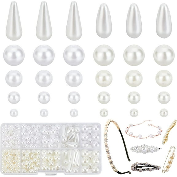 706pcs Pearl Beads 2 Style White Loose Pearls 4/6/8/10mm Round Teardrop Faux Pearl Beads Loose Spacer Beads with Hole for Earrings Bracelets Neklaces Jewelry DIY Crafts Making DIY