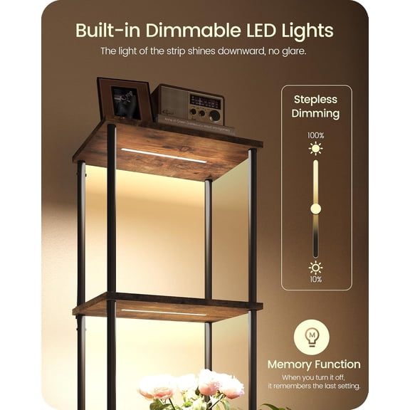 Display Shelf with Light, 5-Tier Modern Shelf Lamp, Corner Floor Lamp with Shelves, Dimmable LED Floor Lamp for Living Room with Remote, 3CCT, Timer, Wooden Corner Shelf Lamp, F52LD05